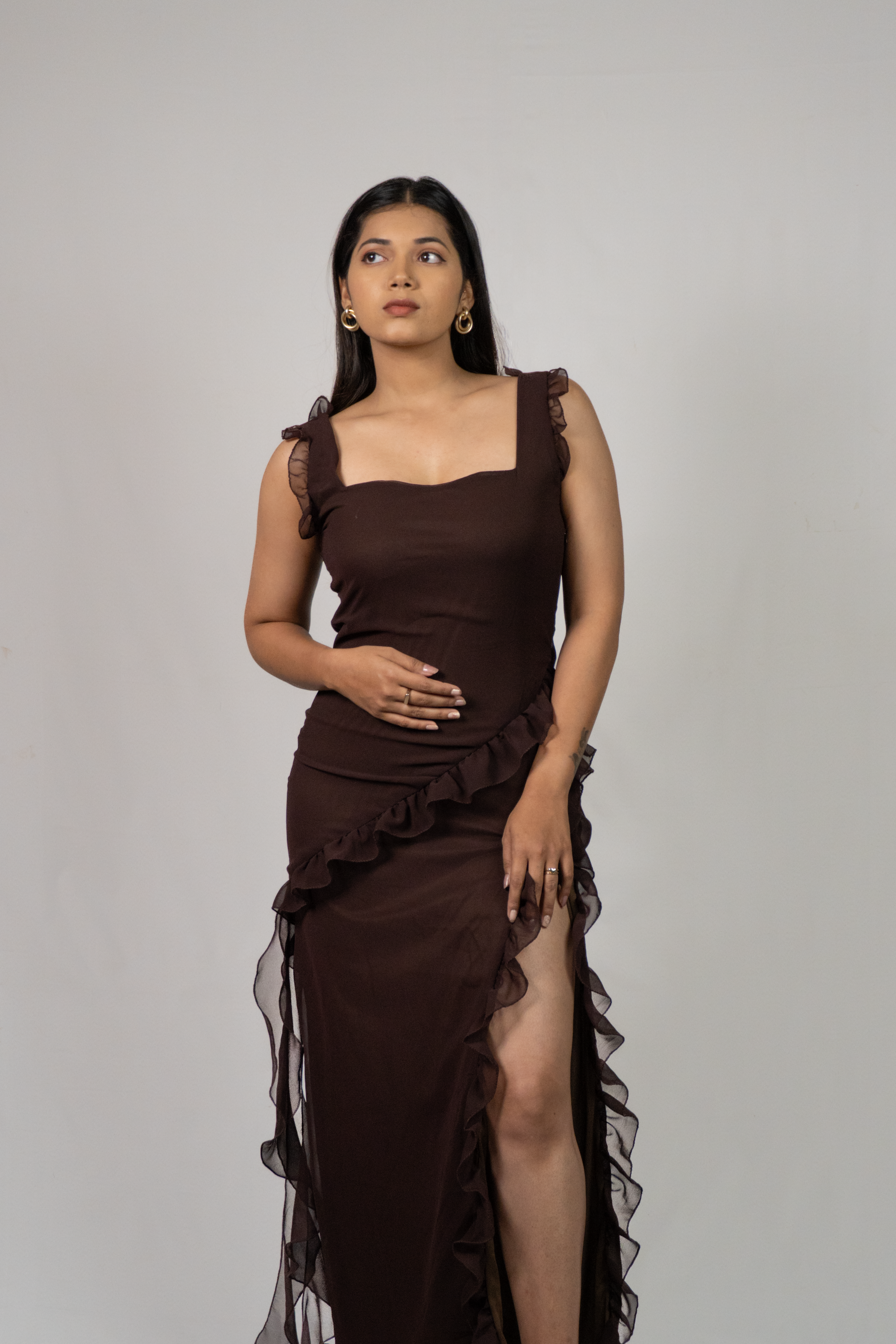 LW Front Slit Rufflle Long Dress